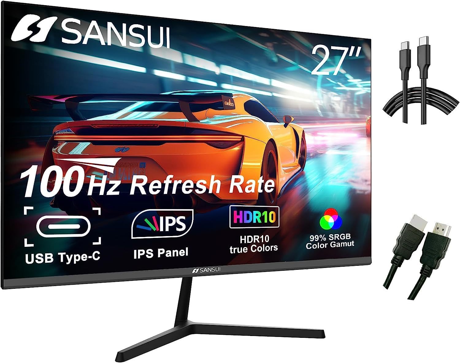 Sansui  27 inch 100Hz IPS USB Type-C FHD 1080P HDR10 Computer Monitor with Built-in Speakers HDMI DP Game RTS/FPS, tilt Adjustable for Working and Gaming (ES-27X3 Type-C Cable & HDMI Cable Included)