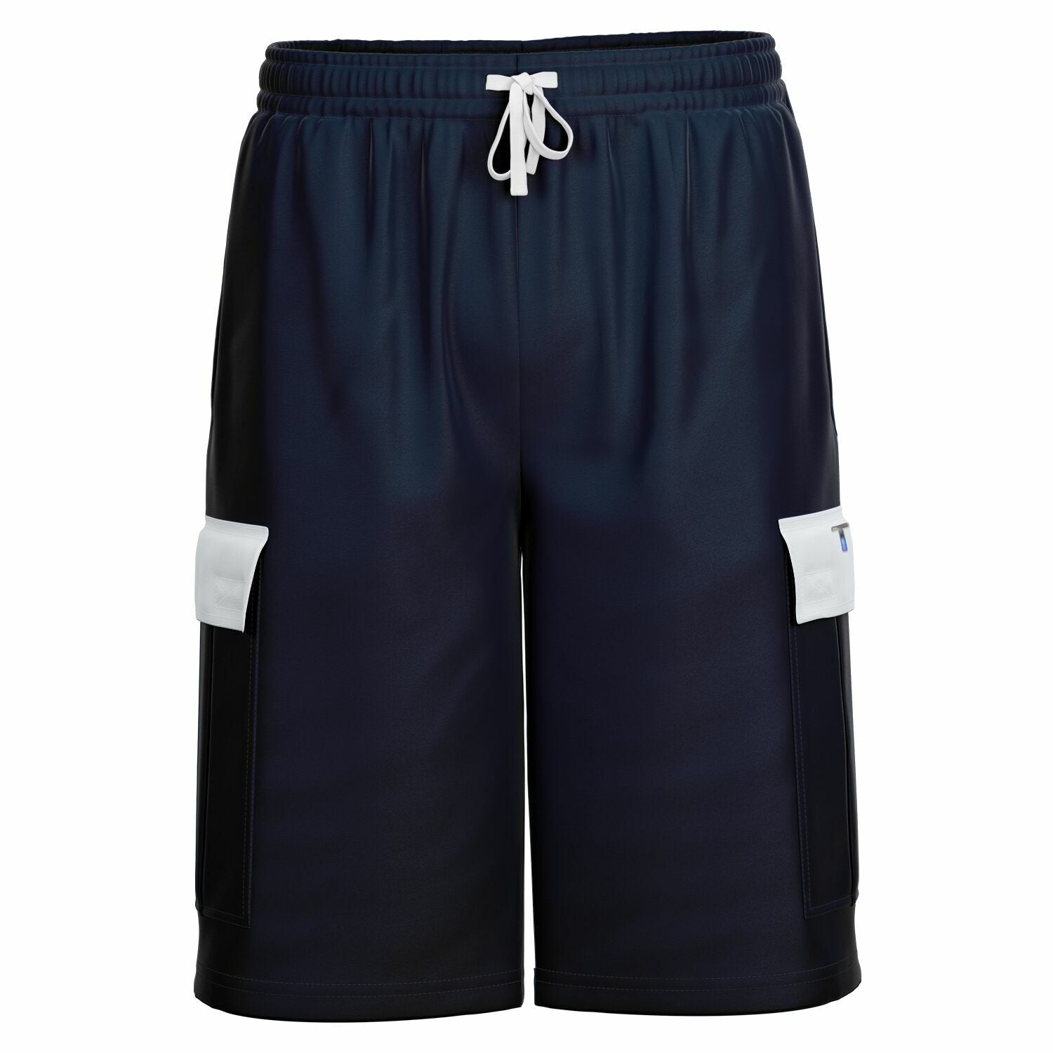 Gemini said
Front view of dark navy cargo shorts featuring a white drawstring and white cargo pocket flaps with a subtle graphic.