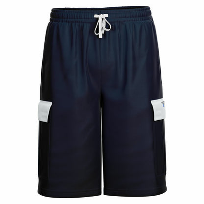 Gemini said
Front view of dark navy cargo shorts featuring a white drawstring and white cargo pocket flaps with a subtle graphic.