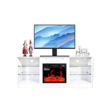 Cargar imagen en el visor de la galería, Modern Fireplace TV Stand Entertainment Center for TVs up to 62 Inch with 18 Inch Electric Fireplace Heater, Adjustable Glass Shelves and Storage Cabinets (White)
