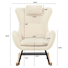 Cargar imagen en el visor de la galería, Adjustable Headrest &amp; Pocket Teddy Upholstered Nursery Rubberwood Rocking Chair with High Backrest, Beige
