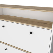 Load image into Gallery viewer, Dublin Shoe Rack with One Open Shelf and Two Extendable Cabinets (Light Oak / White Finish)
