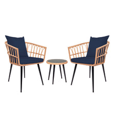 Cargar imagen en el visor de la galería, 3 Piece Bistro Outdoor Patio Furniture Set with PE Rattan Glass Top Coffee Table &amp; 2 Lumbar Cushioned Chairs (Dark Blue)
