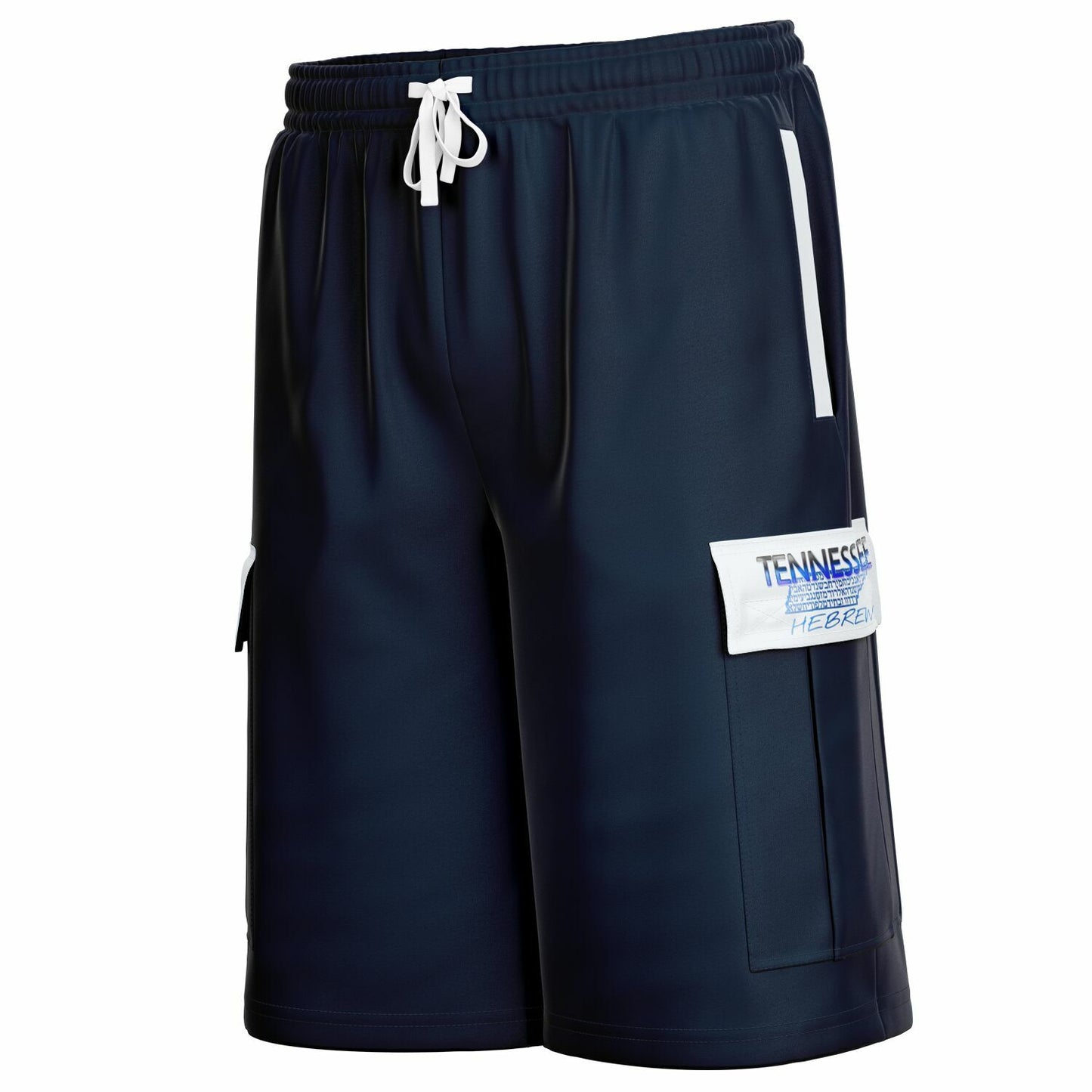 Side view of navy cargo shorts showing a vertical white stripe near the hip and a white pocket flap with "TENNESSEE HEBREW" text.