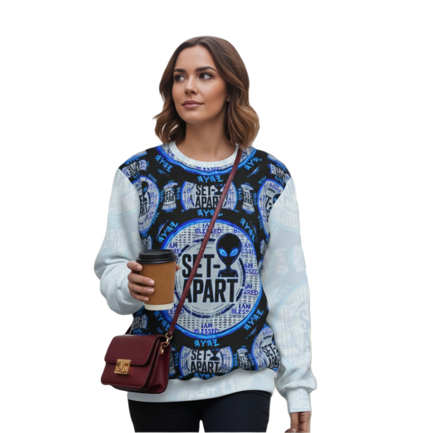 Woman in a sweatshirt with a bold blue and black "SET-APART" alien design, holding coffee.