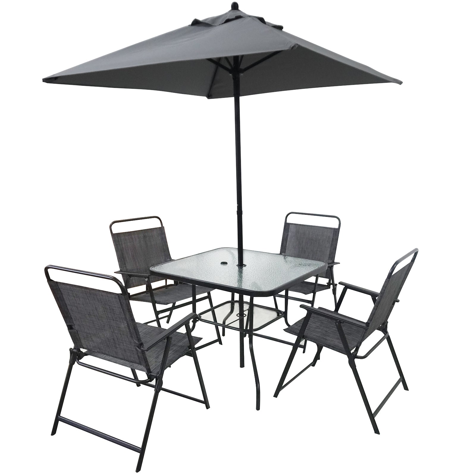 Five Piece Outdoor Metal Patio Dining Set with Umbrella (Black)