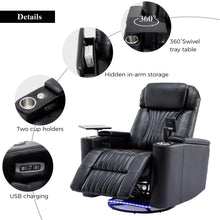 Carica l&#39;immagine nel visualizzatore di Gallery, 270° Power Swivel Recliner, Home Theater Seating with Hidden Arm Storage and LED Light Strip, Cup Holder, 360° Swivel Tray Table, Cell Phone Holder, Black
