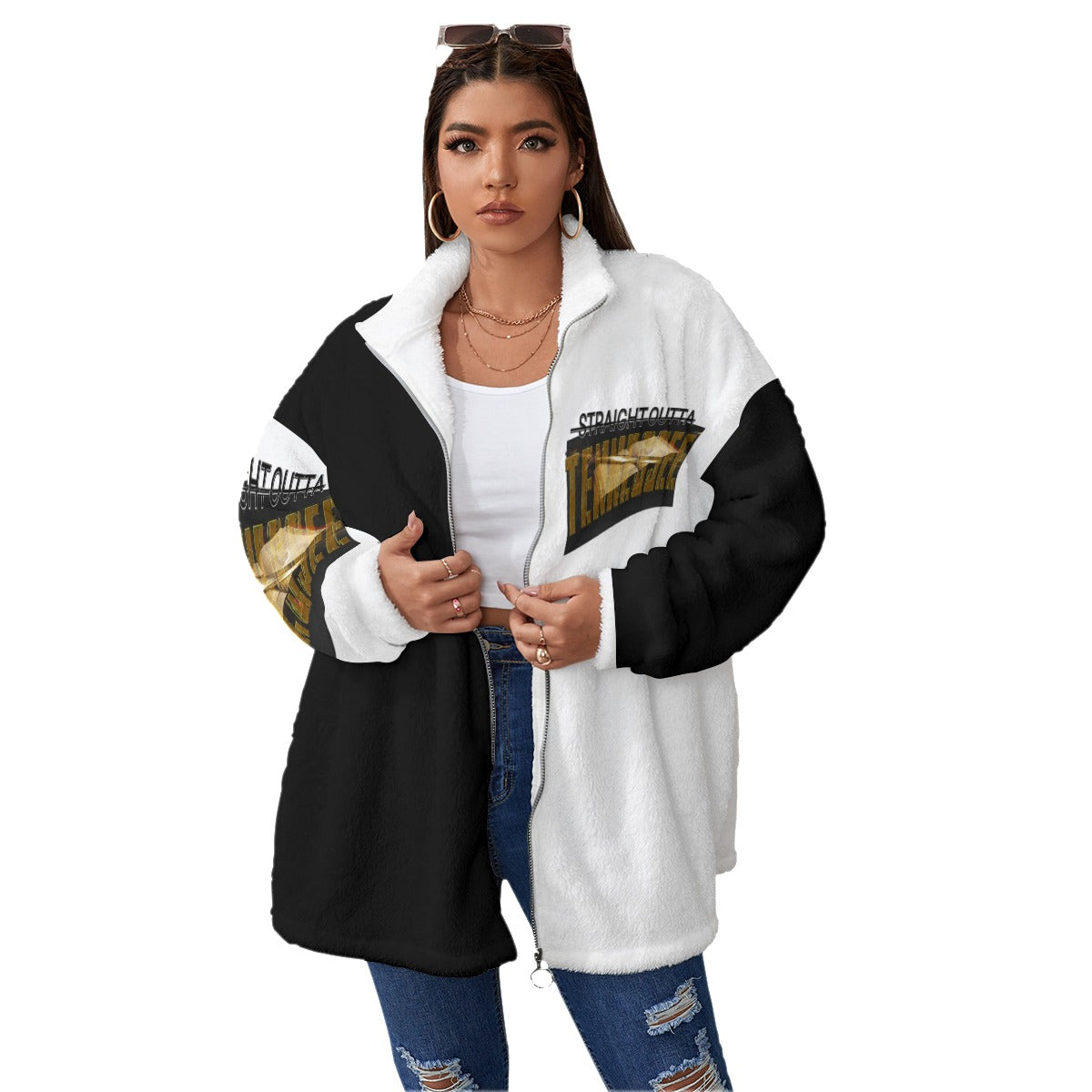 Straight Outta Tennessee 01 Ladies Designer Borg Fleece Stand Collar Full Zip Plus Size Coat