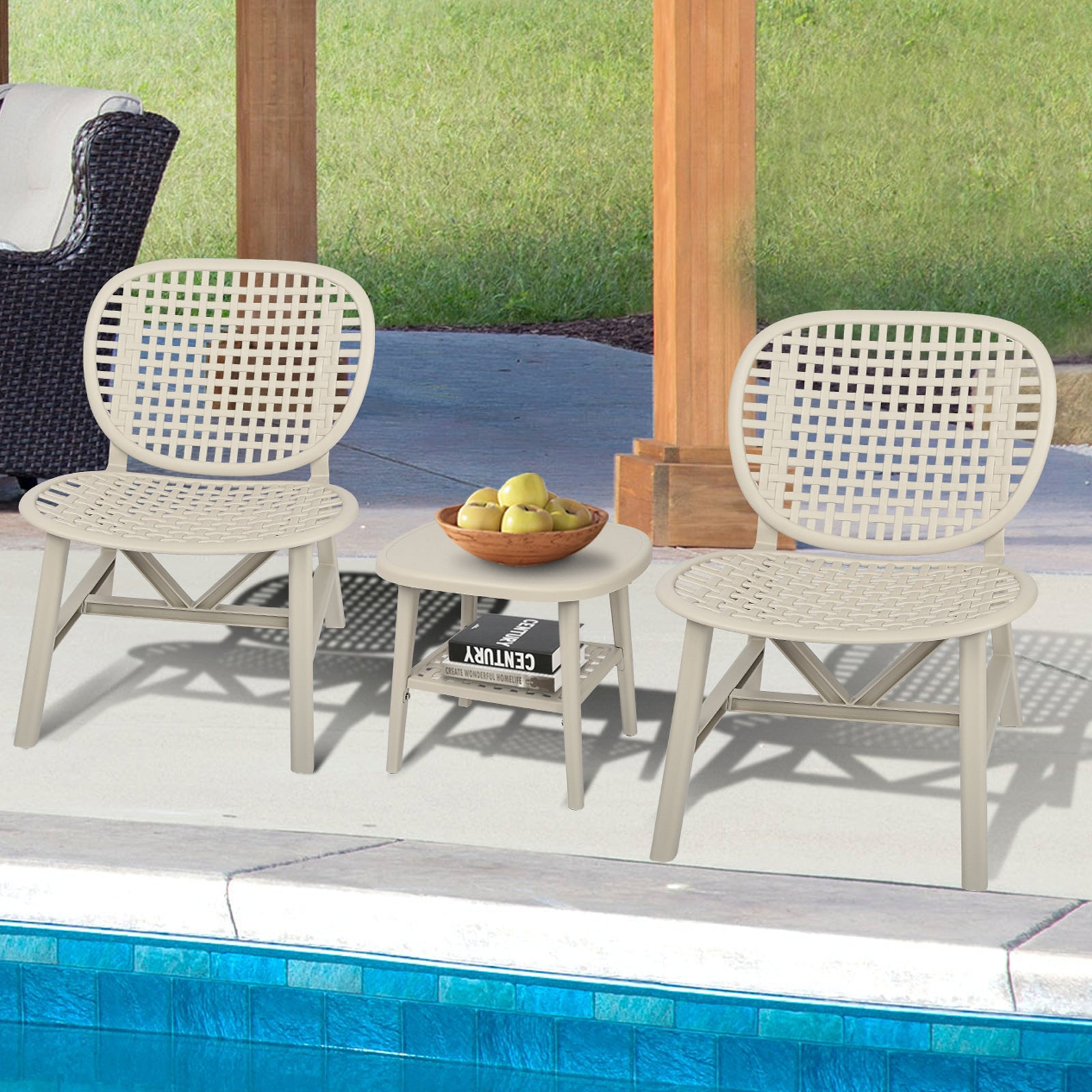 3 Piece Hollow Design Retro Outdoor Patio Table and Lounge Chairs Furniture Set with Open Shelf and Widened Seats (White)