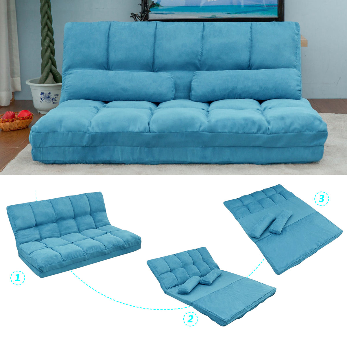 Double Chaise Lounge Futon Sofa Floor Couch with Two Pillows (Blue)