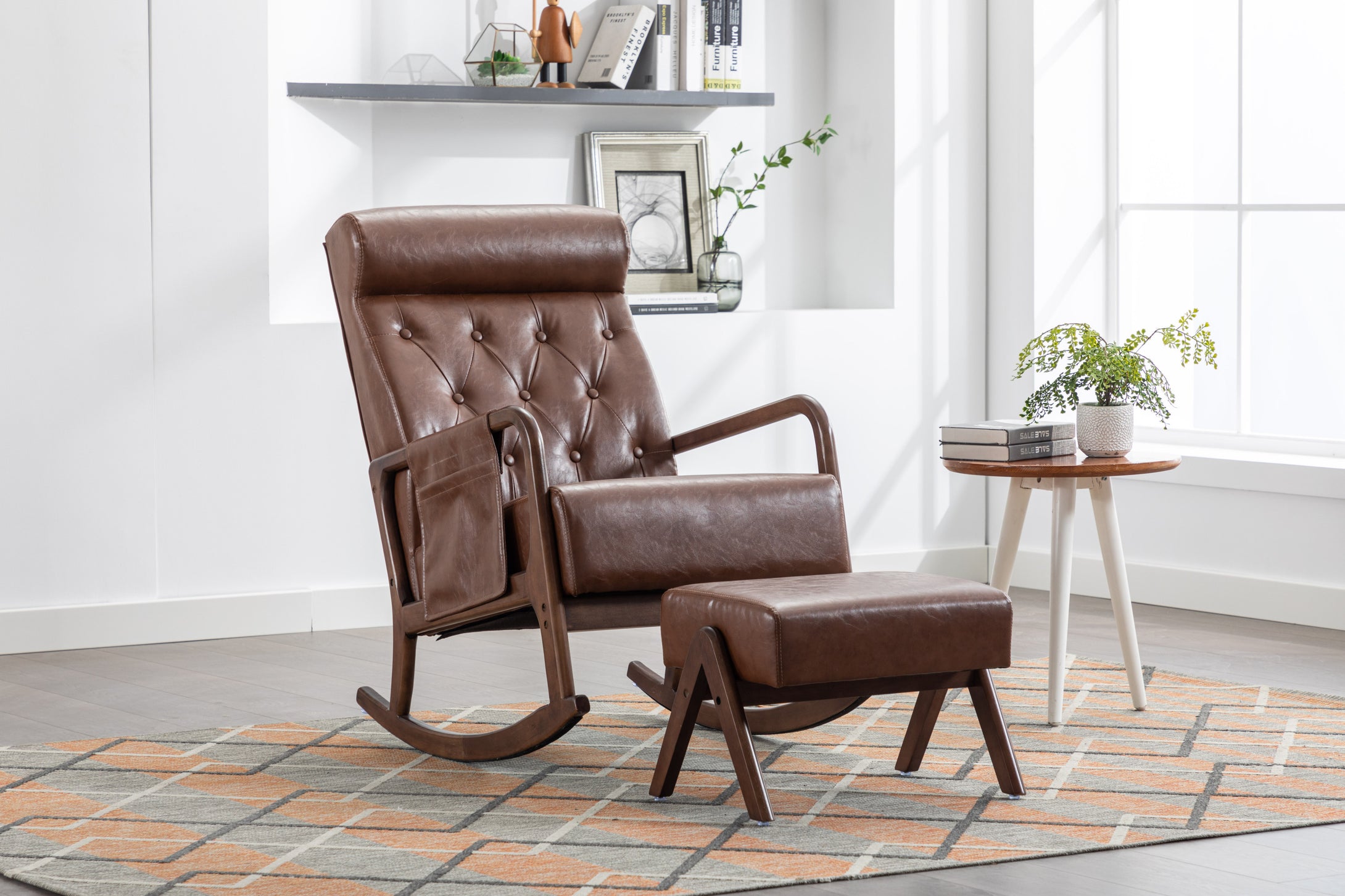 Thick Padded Brown PU Leather Rocking Chair with Ottoman Footstool