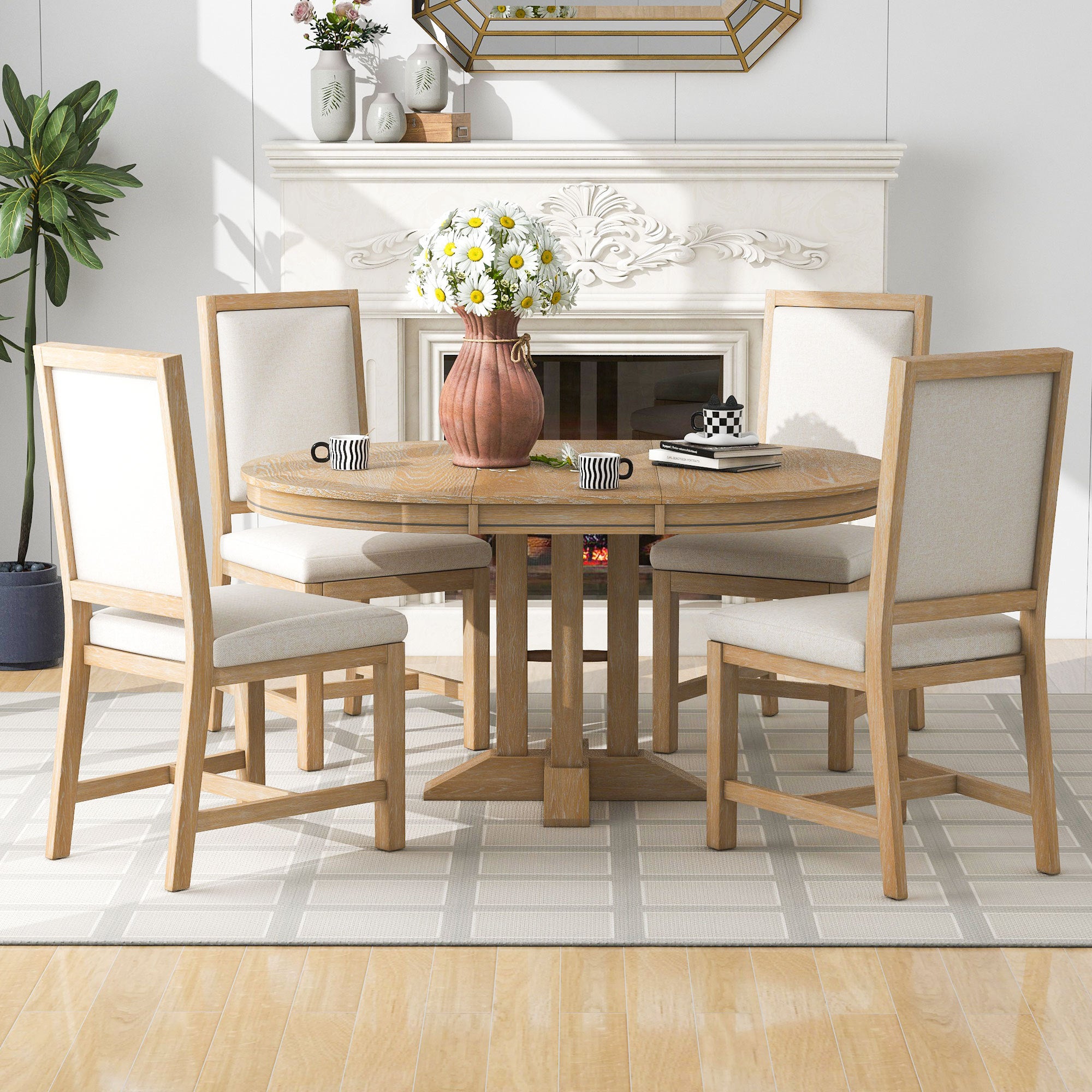 TREXM Extendable Round Table and 4 Upholstered Chairs Farmhouse 5-Piece Kitchen & Dining Furniture Set (Natural Wood Wash)