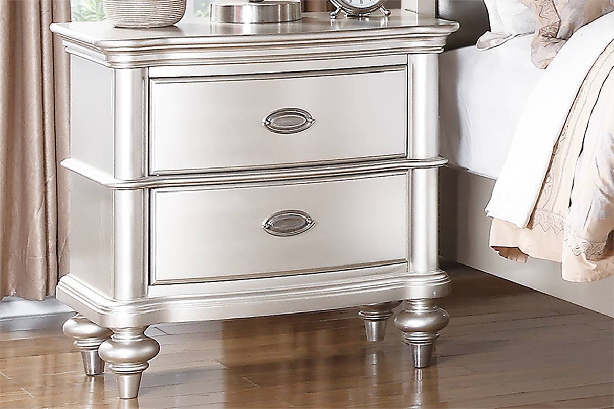 Elegant Two Drawer Plywood Nightstand (Beige/White/Antique Silver Finish)
