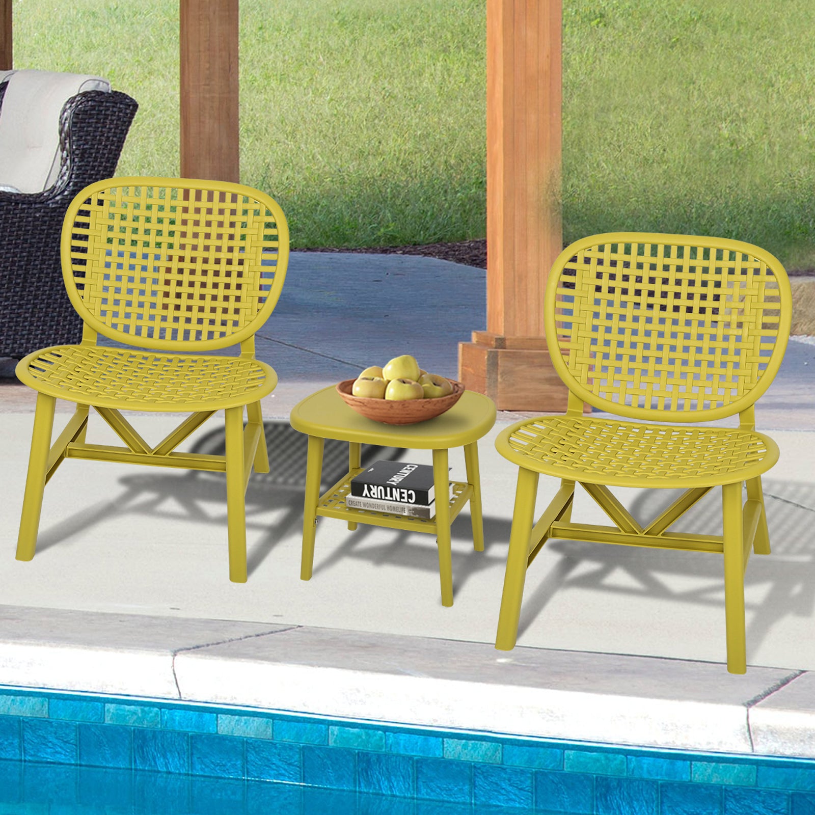 3 Piece Hollow Design Retro Outdoor Patio Table and Lounge Chairs Furniture Set with Open Shelf and Widened Seats (Yellow)