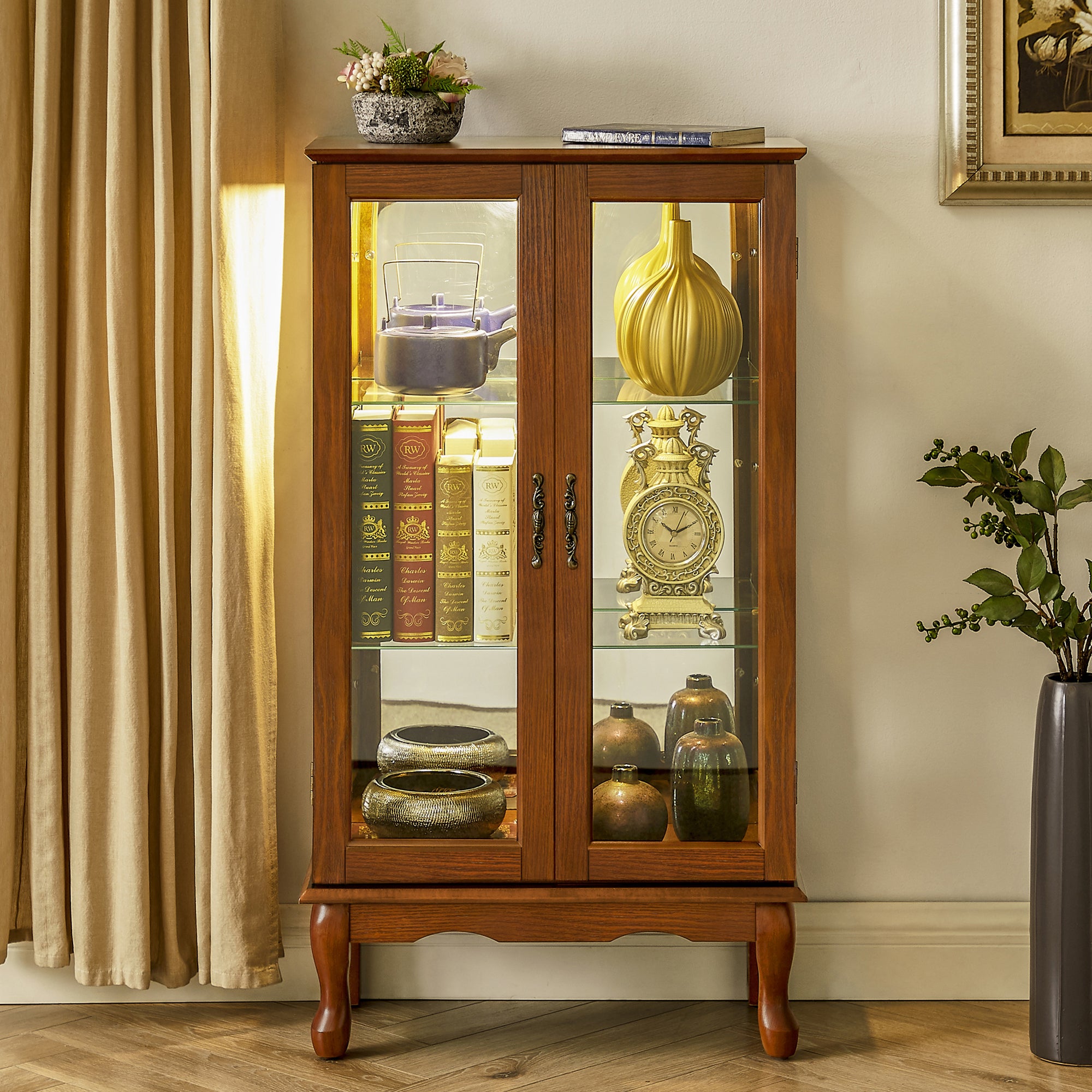 Lighted Diapaly Curio Cabinet with Adjustable Shelves and Mirrored Back Panel, Tempered Glass Doors (Oak, 3 Tier), (E26 light bulb not included)