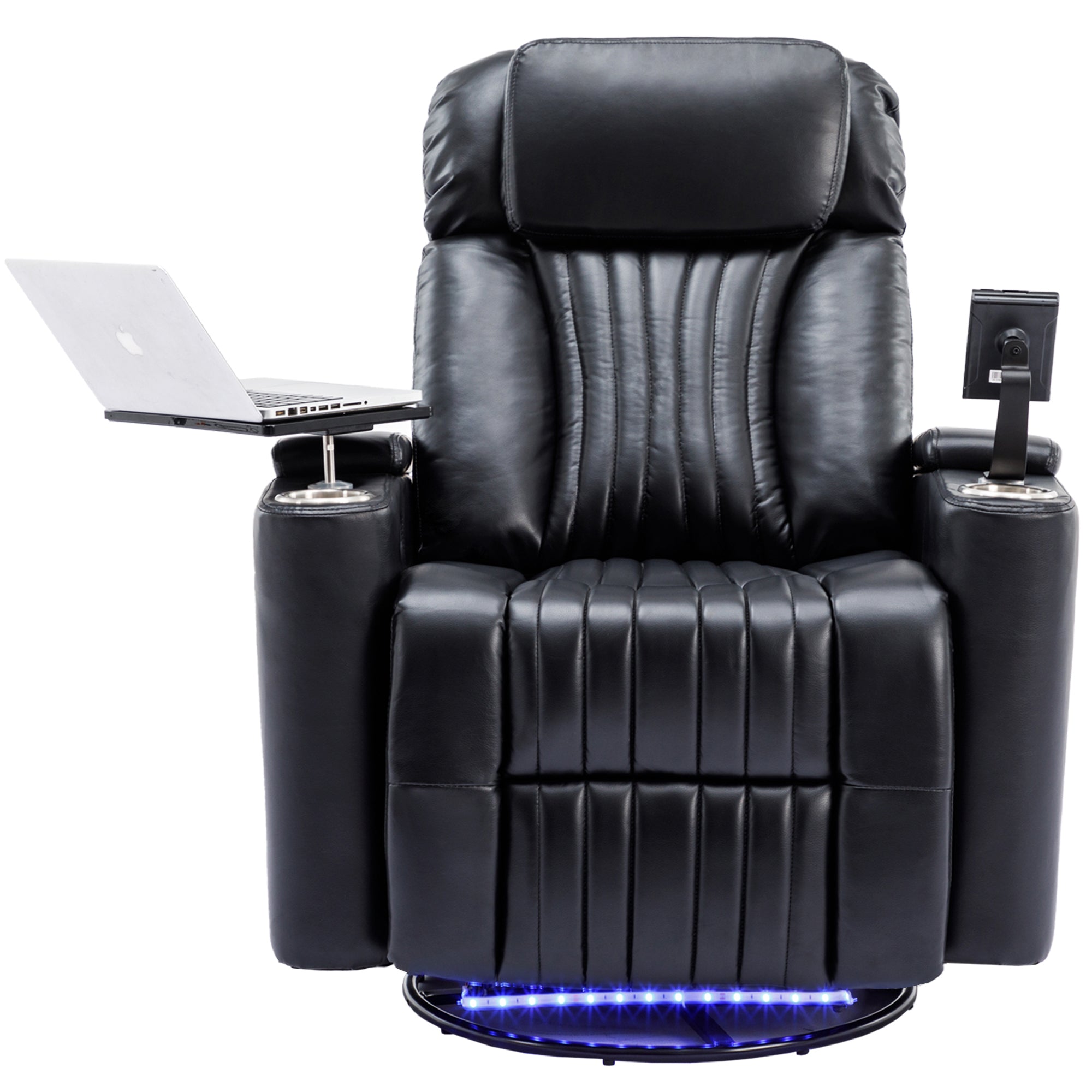 270° Power Swivel Recliner, Home Theater Seating with Hidden Arm Storage and LED Light Strip, Cup Holder, 360° Swivel Tray Table, Cell Phone Holder, Black