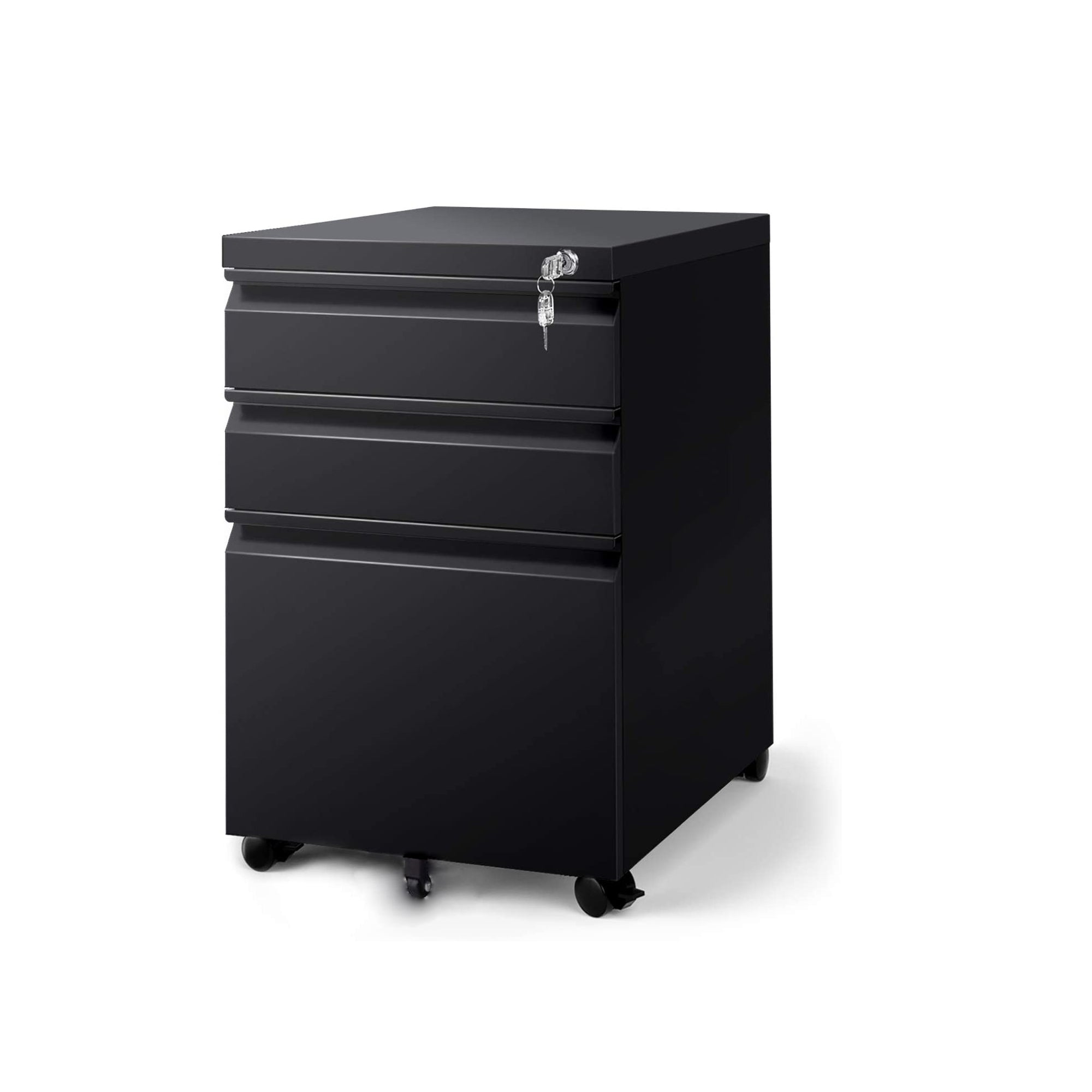 3 Drawer Mobile Rolling Steel File Cabinet with Lock on Anti-tilt Wheels (Black)