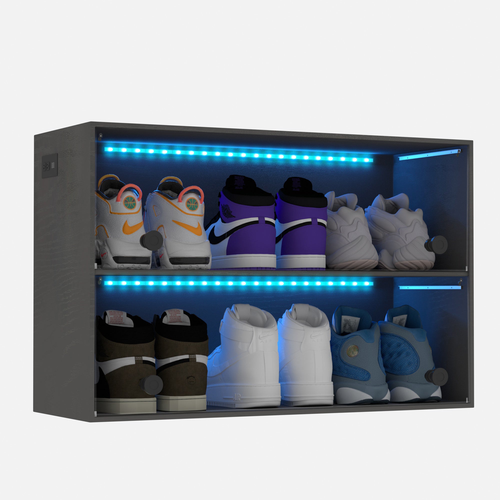 Caja de almacenamiento organizadora de zapatos apilable de madera con luz Led RGB, puerta corrediza de vidrio para exhibir zapatillas