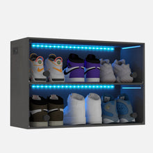 Cargar imagen en el visor de la galería, Caja de almacenamiento organizadora de zapatos apilable de madera con luz Led RGB, puerta corrediza de vidrio para exhibir zapatillas
