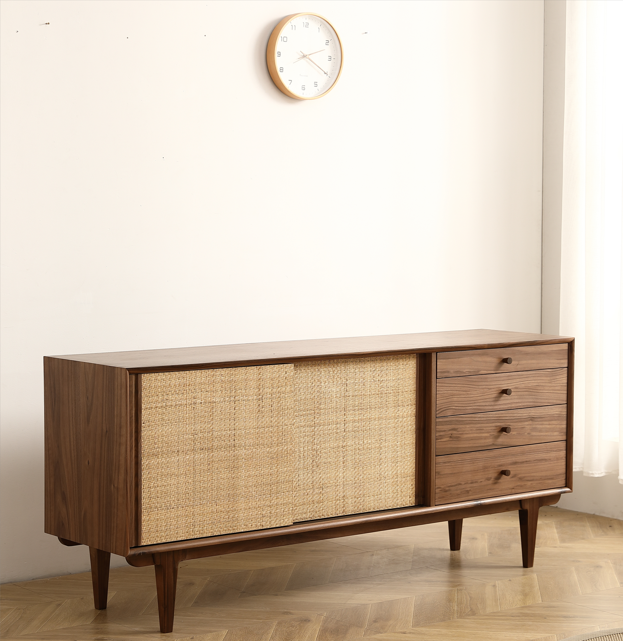 Two Door Four Drawer 68.89 inch Sideboard Cabinet with Natural Rattan Weaving