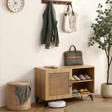 Carica l&#39;immagine nel visualizzatore di Gallery, Modern 39.37 inch Shoe Storage Cabinet with Natural Rattan Mesh Door and Solid Wooden Handle
