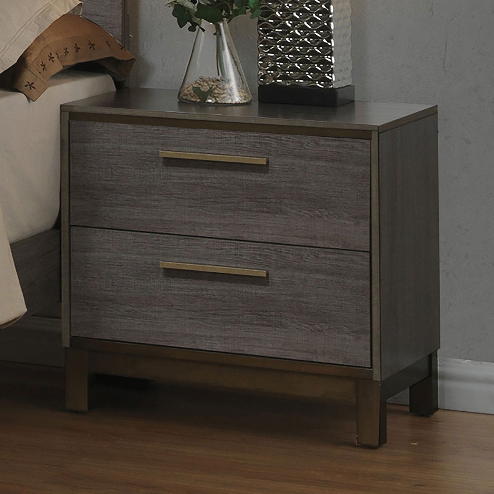 Contemporary Two Tone Antique Gray Nightstand with Center Metal Glides Brass Bar Pulls