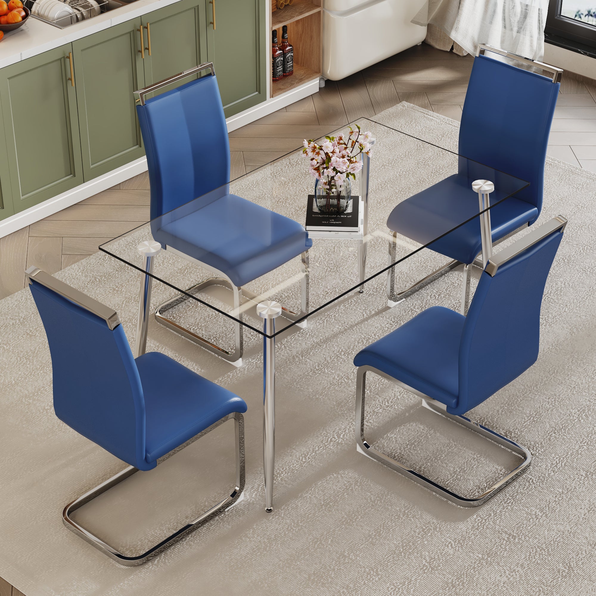 Glass Kitchen & Dining Table Furniture Set with 4 Blue Dining Chairs