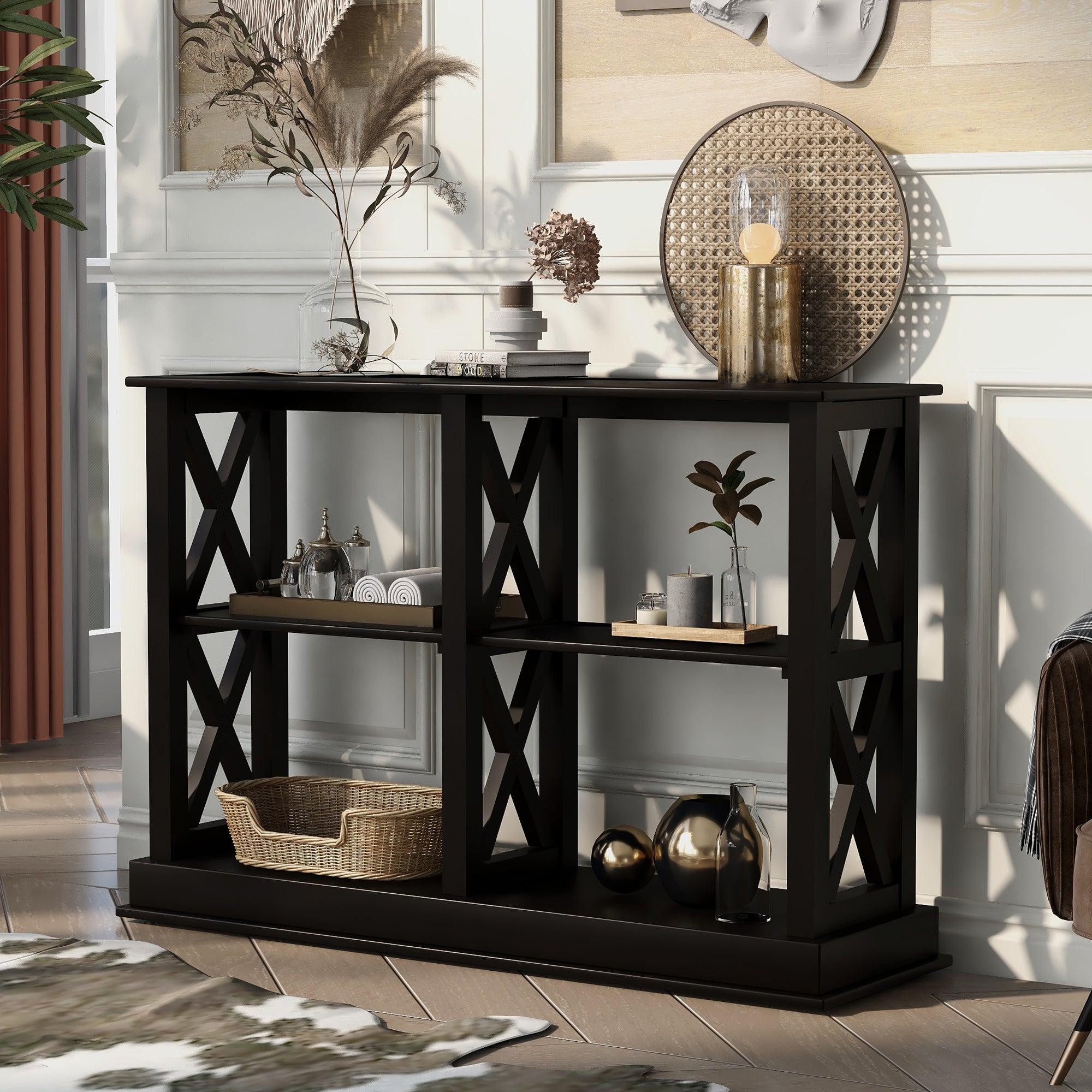 TREXM Sofa Table with 3-Tier Open Storage Spaces and 