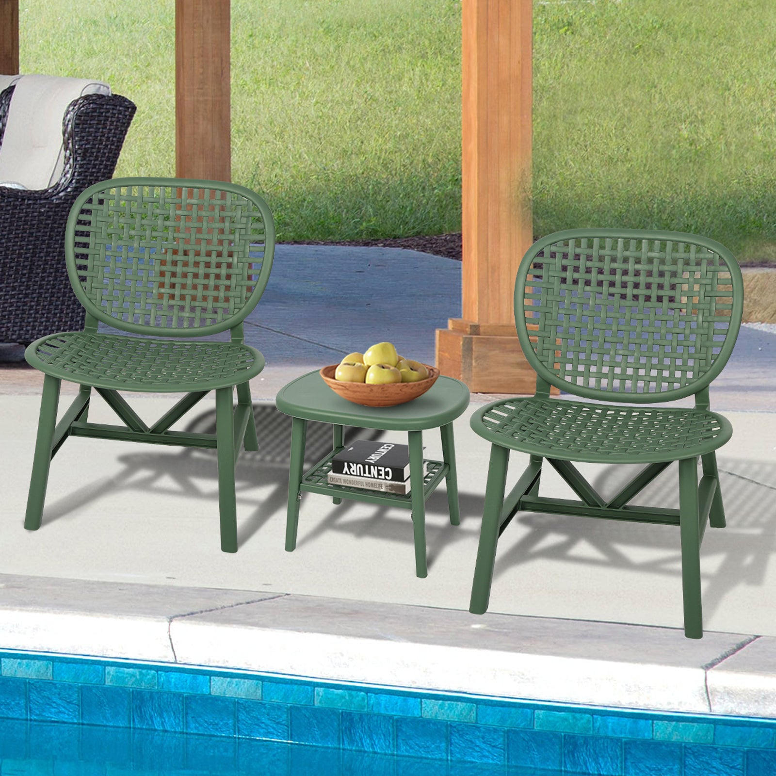 3 Piece Hollow Design Retro Outdoor Patio Table and Lounge Chairs Furniture Set with Open Shelf and Widened Seats (Green)