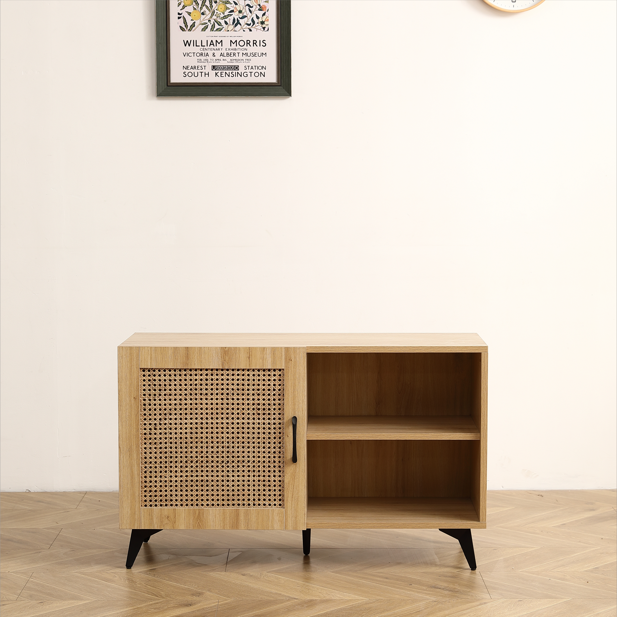 Modern 39.37 inch Shoe Storage Cabinet with Natural Rattan Mesh Door and Solid Wooden Handle