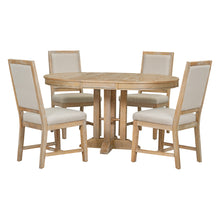 Carica l&#39;immagine nel visualizzatore di Gallery, TREXM Extendable Round Table and 4 Upholstered Chairs Farmhouse 5-Piece Kitchen &amp; Dining Furniture Set (Natural Wood Wash)
