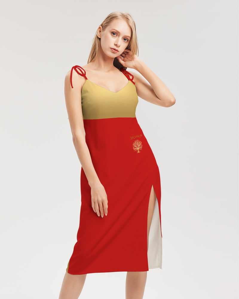 Yahuah-Tree of Life 01 Elected Ladies Designer Shoulder Tie V-neck Split Midi Dress