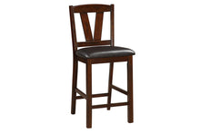 Load image into Gallery viewer, Set of 2 Counter Height Dark Walnut Wood V Framed Back Cushioned Dining Chairs
