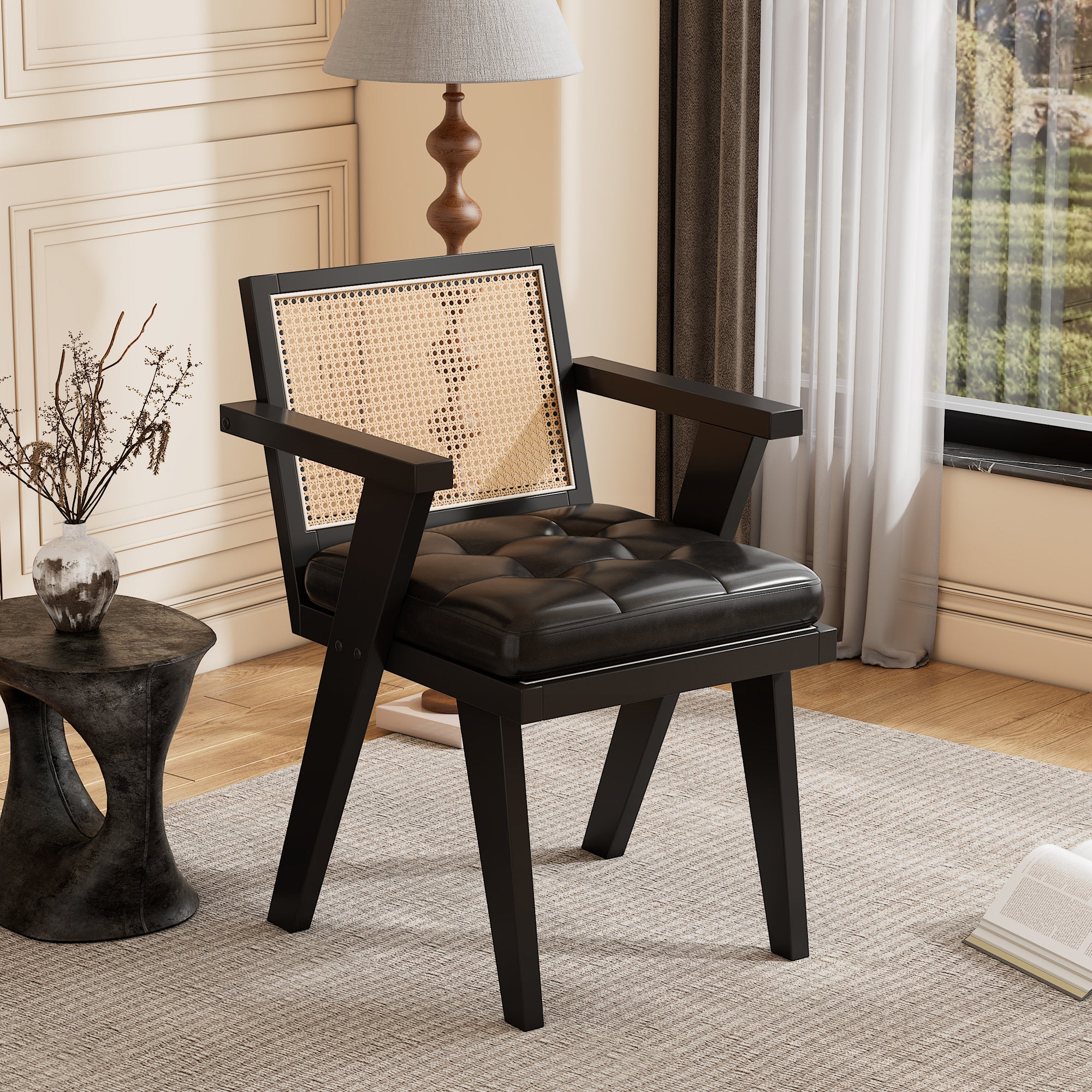 Mid-Century Accent Arm Chair with Handcrafted Rattan Backrest and Padded Seat (Black)
