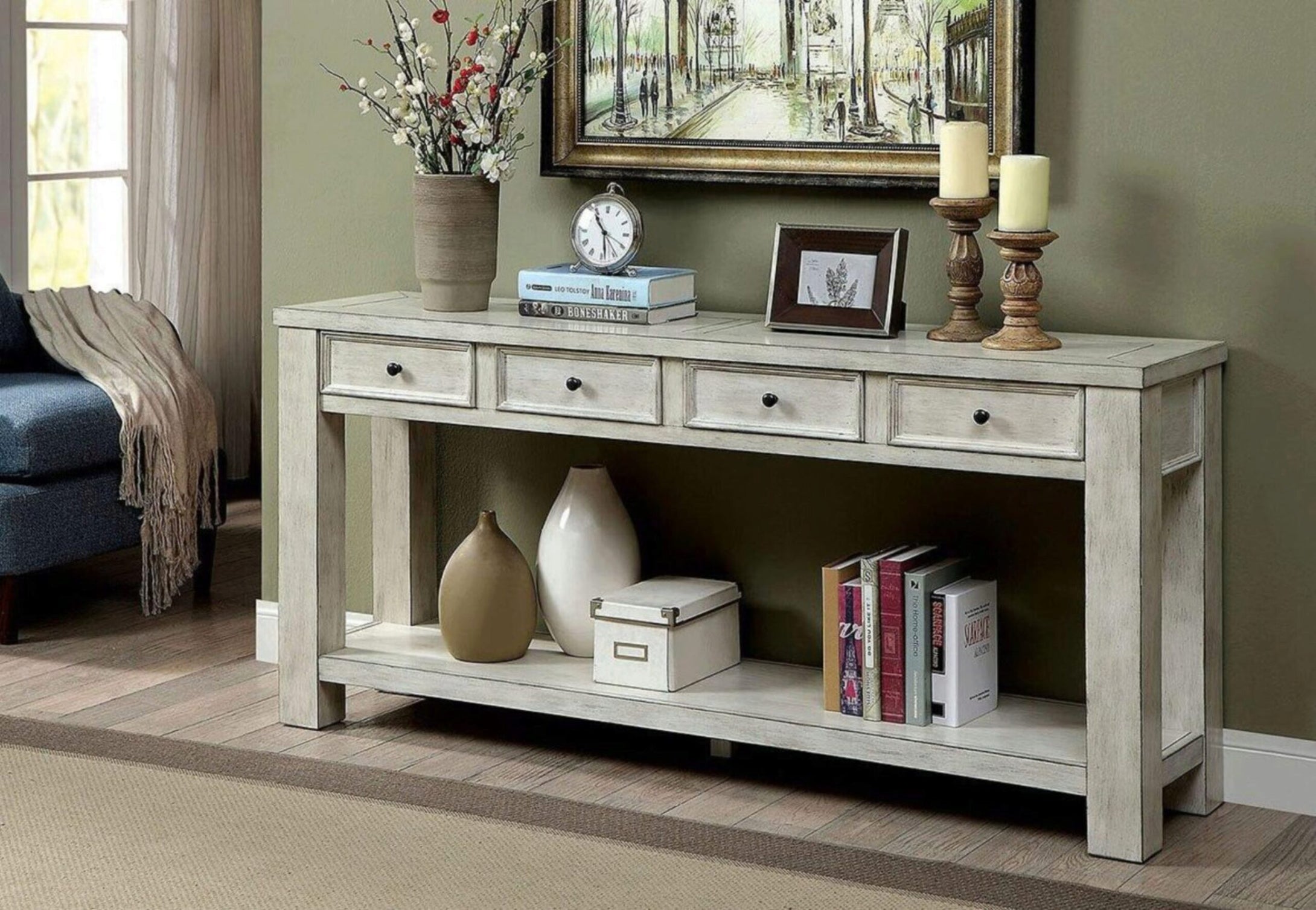 Rustic Style Antique White Solid Wood Sofa Table
