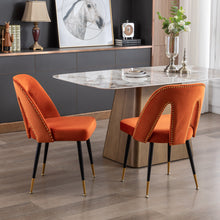 Load image into Gallery viewer, Velvet Upholstered Dining Chairs with Nailheads and Gold Tipped Black Metal Legs, Orange, Set of 2, A&amp;A Furniture, Akoya Collection
