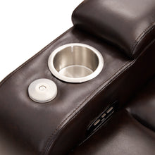 Cargar imagen en el visor de la galería, Sillón reclinable Power Motion con puerto de carga USB y almacenamiento oculto en el brazo, 2 prácticos portavasos y mesa con bandeja giratoria de 360°, color marrón
