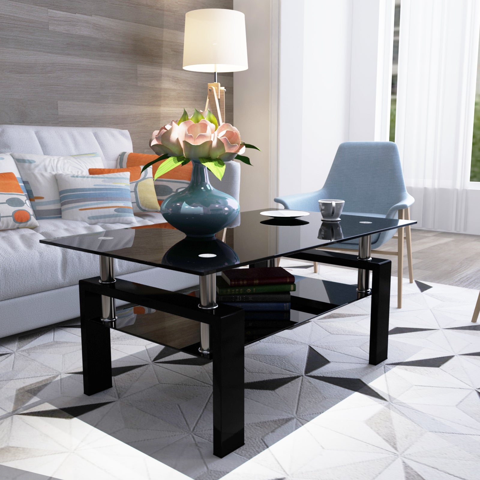 Modern Rectangle Black Glass Coffee Table (Side/Center Table for Living Room)