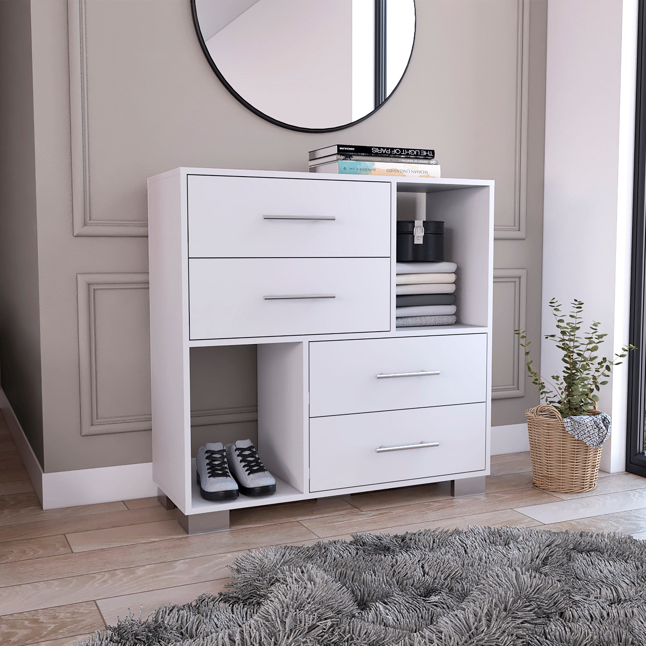 Krista Four Drawer Dresser with Two Open Shelves (White)