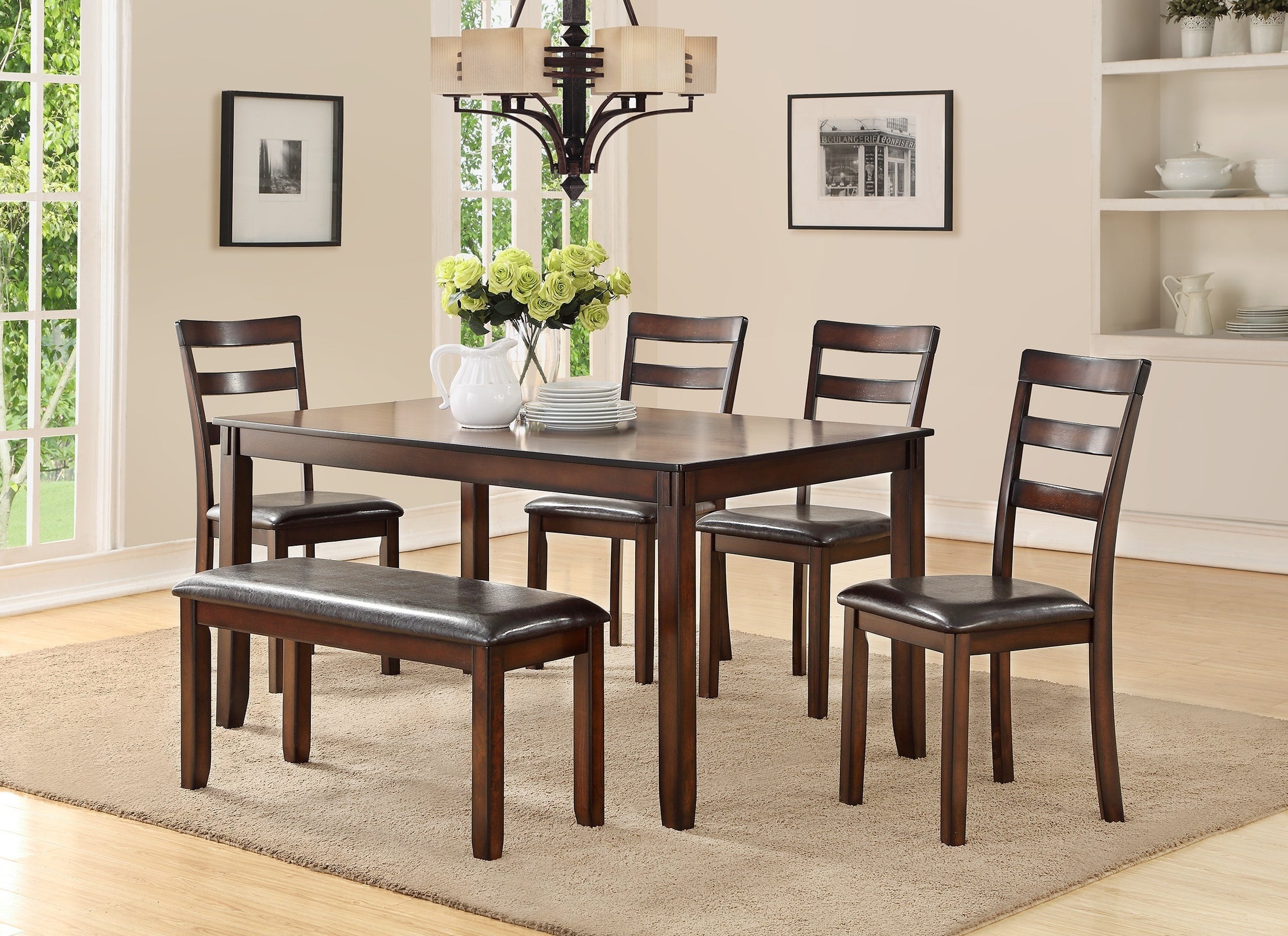 Juego clásico de muebles de comedor con mesa rectangular de 6 piezas, 4 sillas laterales y banco