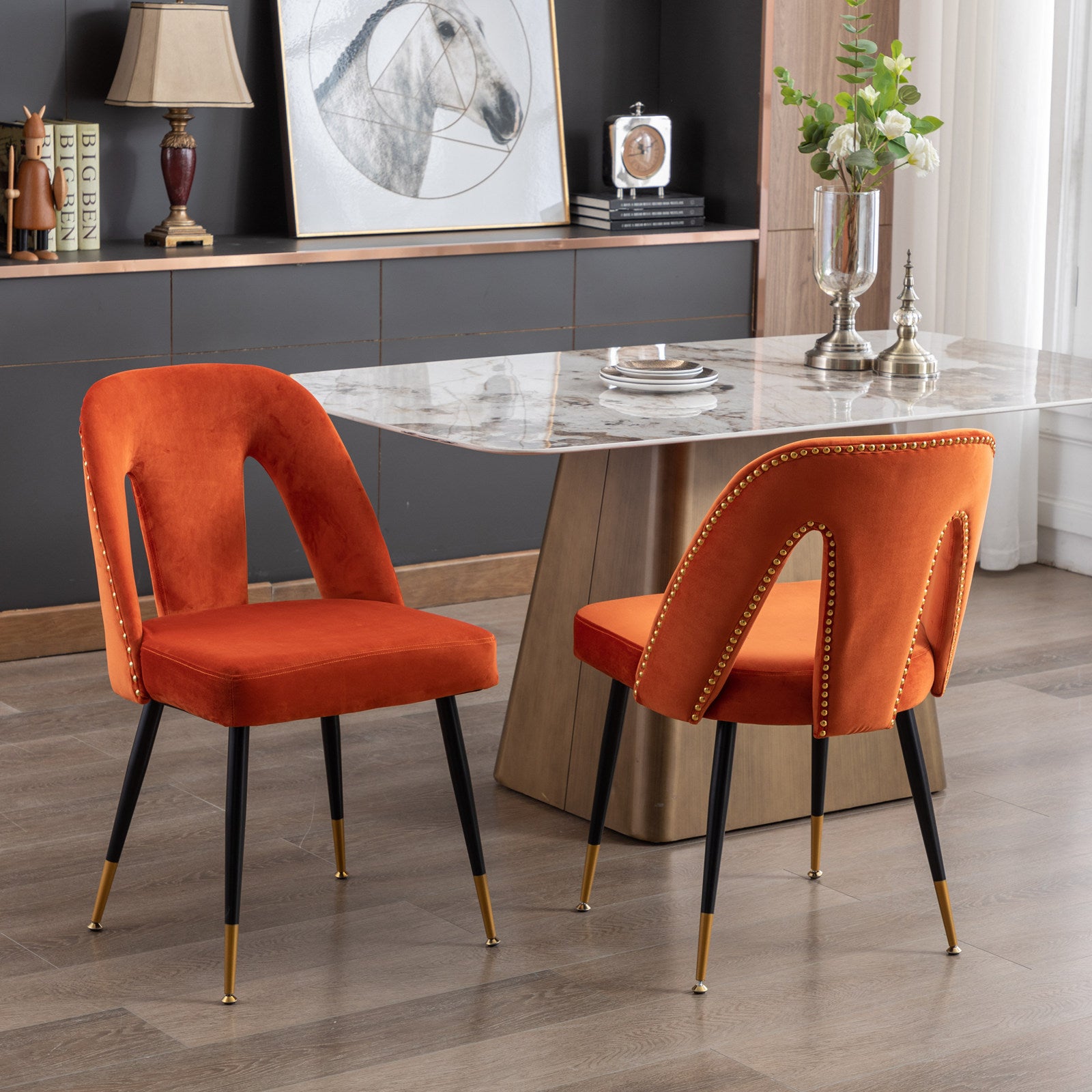 Velvet Upholstered Dining Chairs with Nailheads and Gold Tipped Black Metal Legs, Orange, Set of 2, A&A Furniture, Akoya Collection